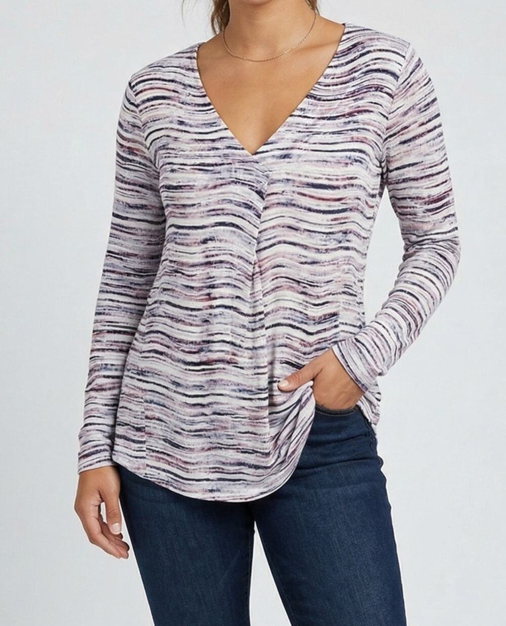 Cupio Womens Small V Neck Top Top Long Sleeve Striped Pink White Blue Purple